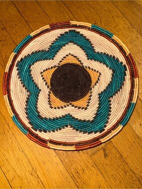 Handwoven Turquoise and Cream Round Decorative Basket - Unbranded